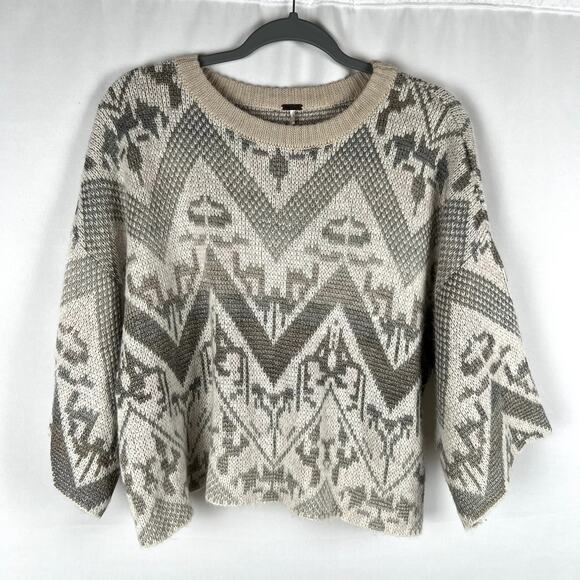 Free People Crop Sweater Top Western Print Ivory Tan Wool Blend Sz XS Oversized - Picture 1 of 8